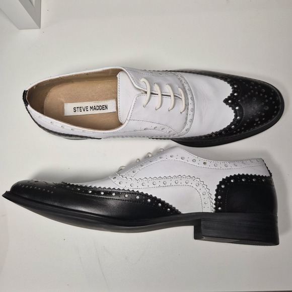 Steve Madden Men's 7.5 Black White Wingtip Oxford Shoes Spectator Brogue Size - Picture 2 of 8